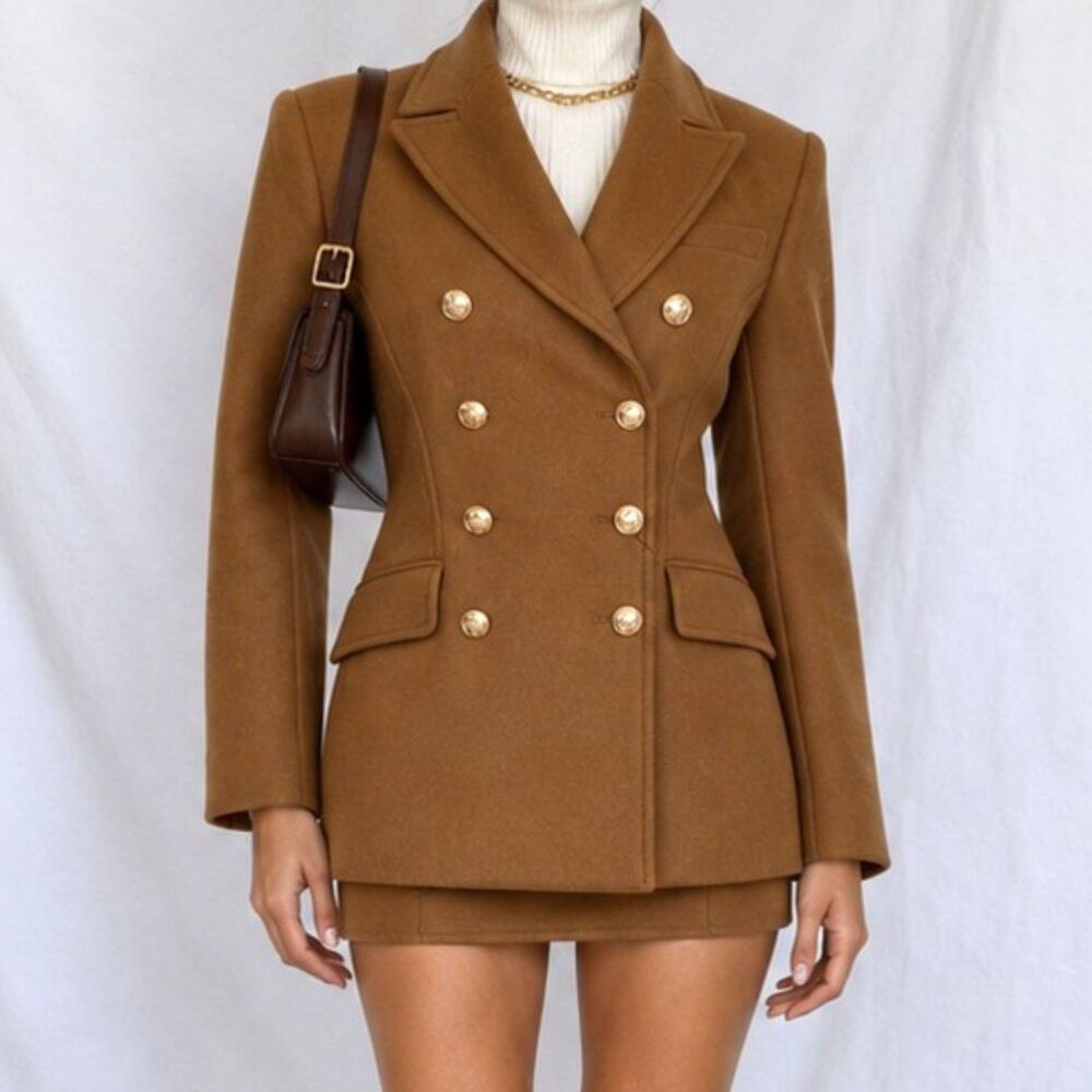 Zara Brown Double Breasted Shoulder Padded Blazer Suit Jacket Coat Size XS